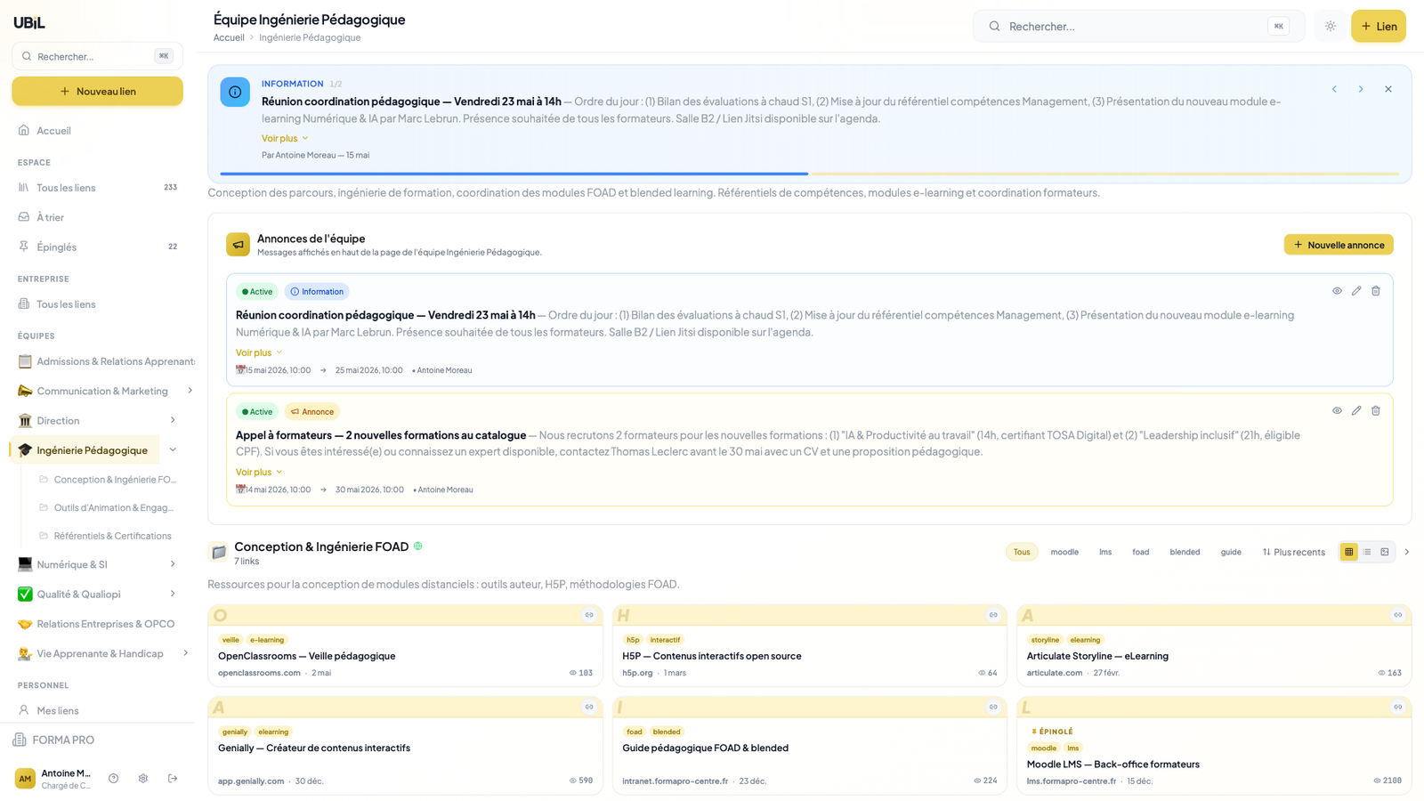 Vue équipe Ubil — activité et ressources spécifiques à l'équipe